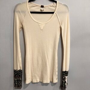 We The Free Ivory Long Sleeve Top with Black Patterned Cuffs